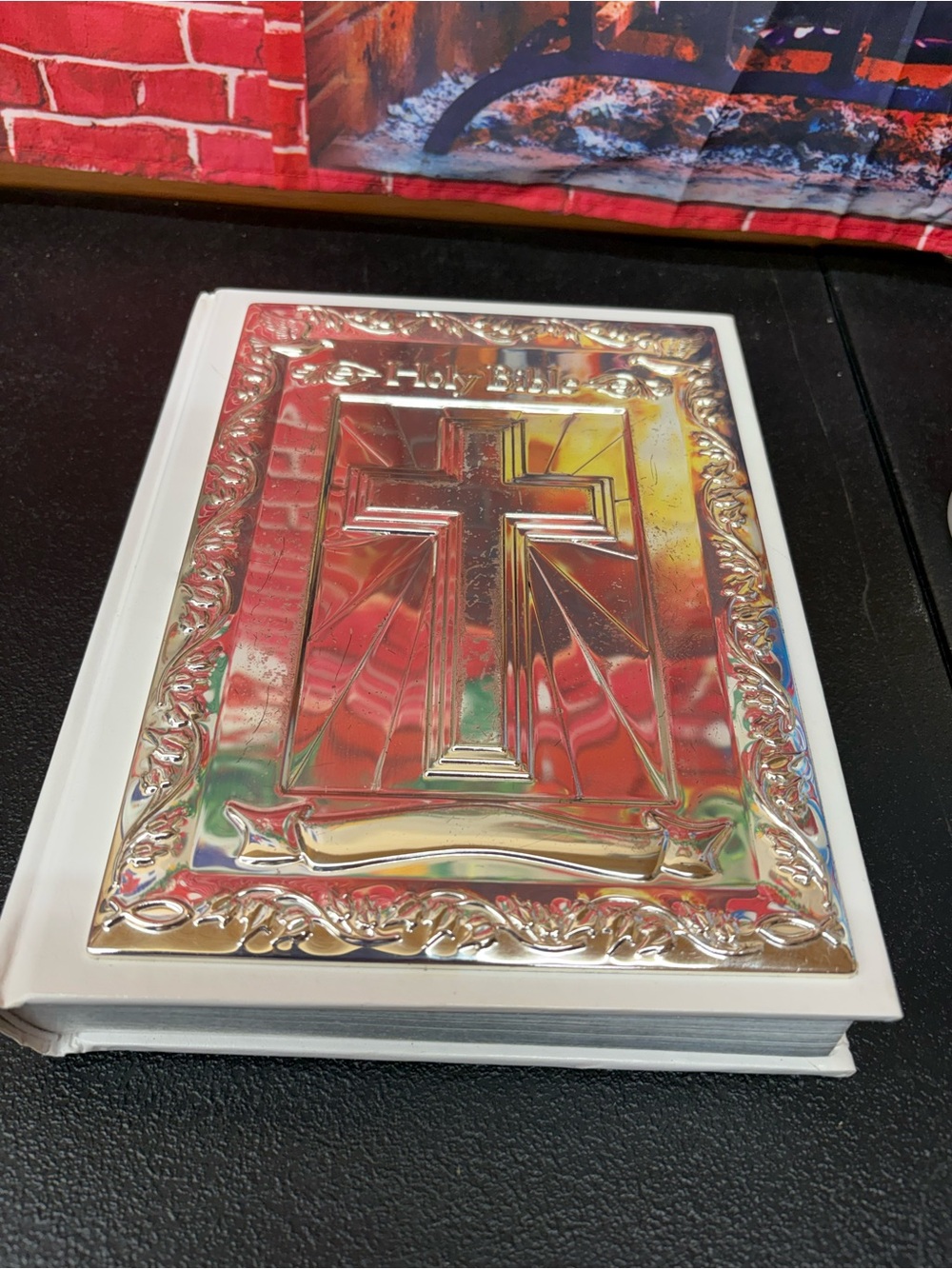 2001 White Holy Bible with Silver Embossed Cross Cover